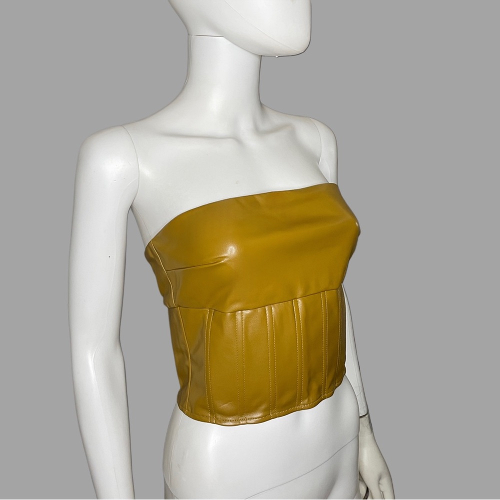 Mustard Yellow Strapless Faux Leather Top‎